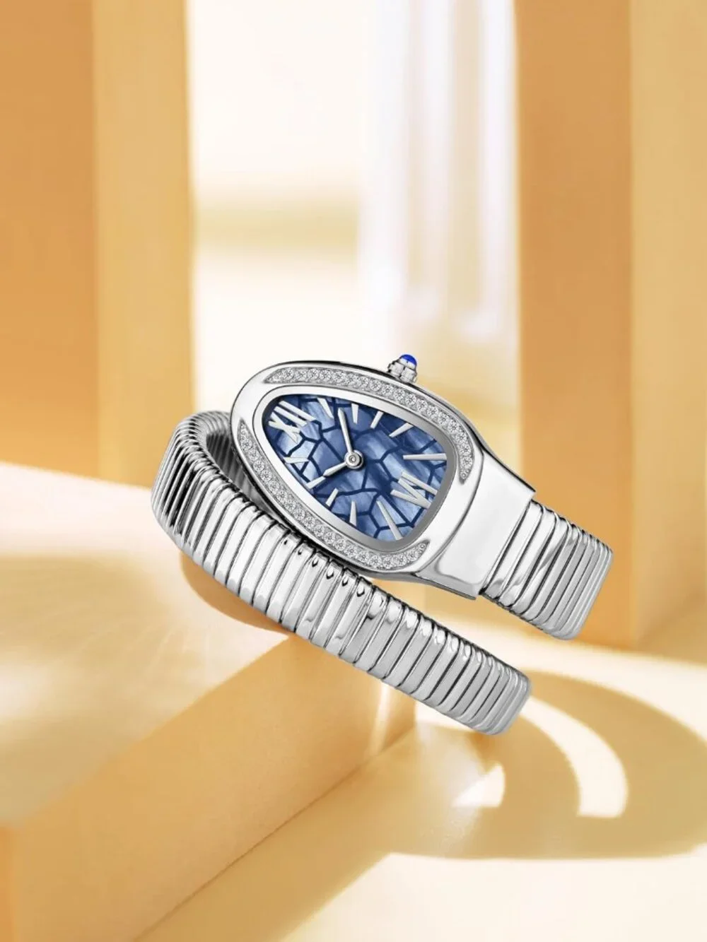 Women's Silver Blue Elegant Wrap Around Bangle Fashion Snake Cuff Wrist Watches